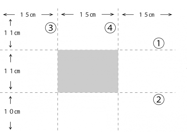 裁断のサイズは、横が仕上がり寸法の３倍、縦が仕上がり寸法の３倍からマイナス１センチイメージはこんな感じ、真ん中のグレーの部分が仕上がり寸法です。